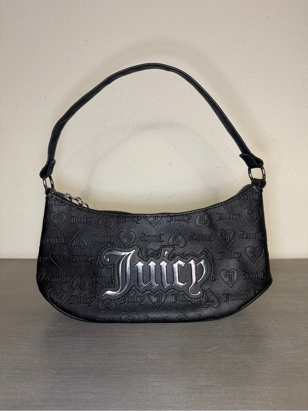 Juicy Couture Black Embossed Heart Baguette Shoulder Bag Faux Leather Handbag